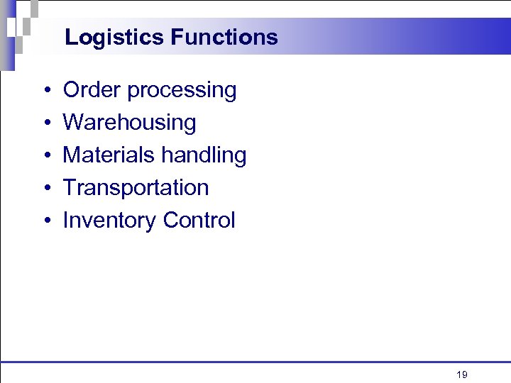 Logistics Functions • • • Order processing Warehousing Materials handling Transportation Inventory Control 19