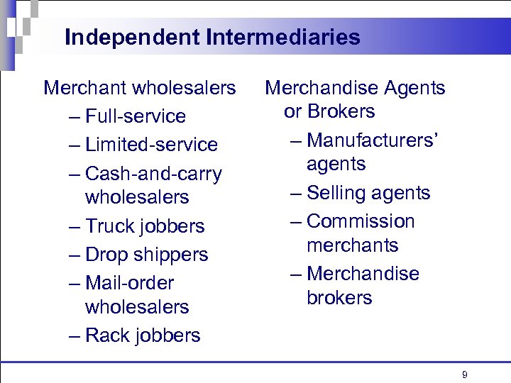 Independent Intermediaries Merchant wholesalers – Full-service – Limited-service – Cash-and-carry wholesalers – Truck jobbers