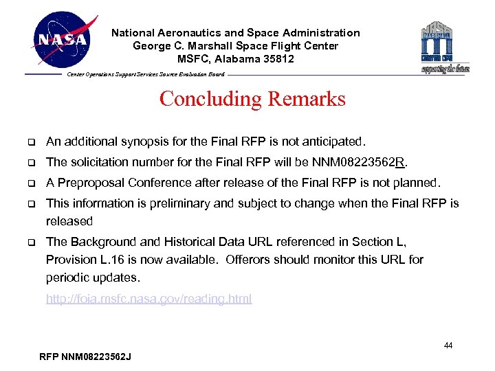 National Aeronautics and Space Administration George C. Marshall Space Flight Center MSFC, Alabama 35812