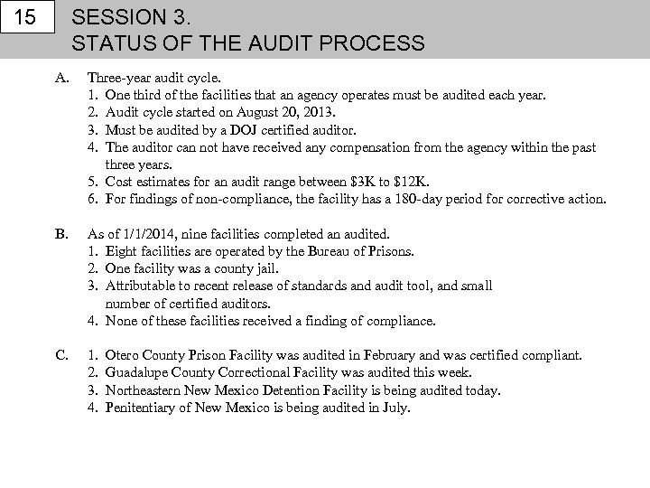 15 SESSION 3. STATUS OF THE AUDIT PROCESS A. Three-year audit cycle. 1. One