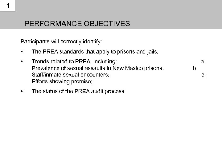 1 PERFORMANCE OBJECTIVES Participants will correctly identify: • The PREA standards that apply to