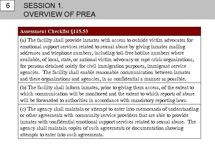 6 SESSION 1. OVERVIEW OF PREA Assessment Checklist § 115. 53 (a) The facility