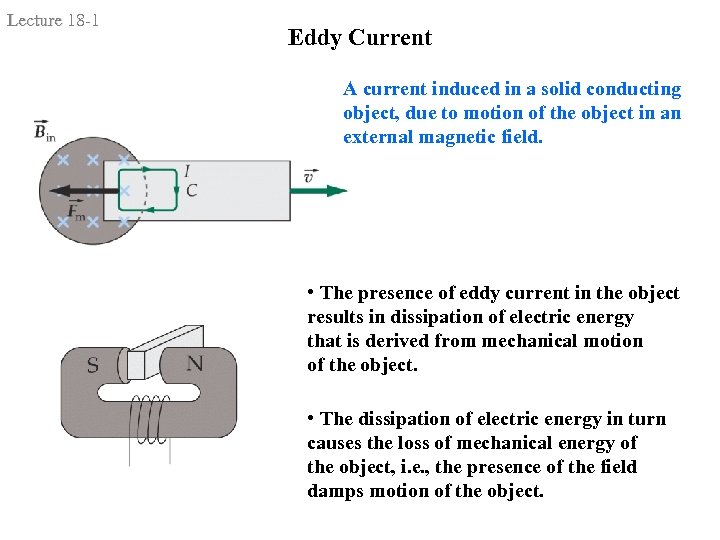 Lecture 18 -1 Eddy Current A current induced in a solid conducting object, due