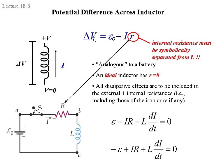 Lecture 18 -8 Potential Difference Across Inductor +V ΔV L I o internal resistance