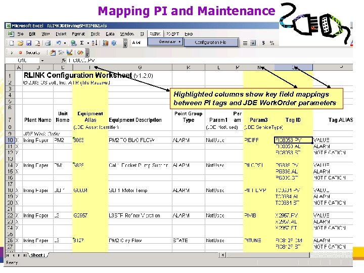 Mapping PI and Maintenance Highlighted columns show key field mappings between PI tags and