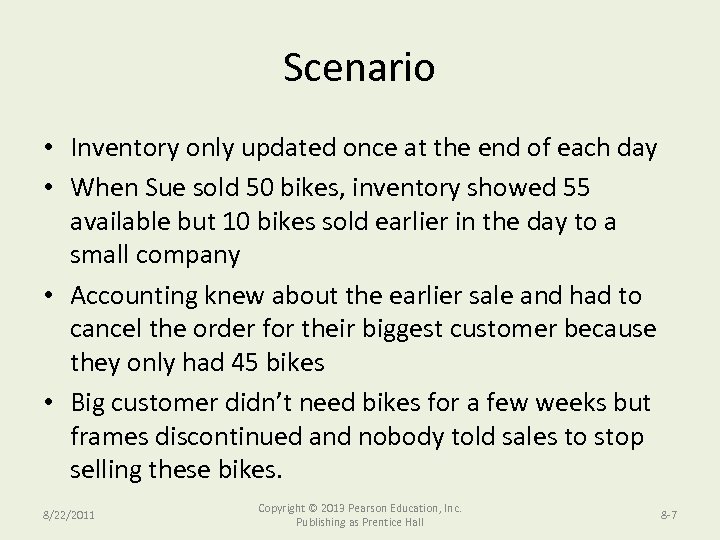 Scenario • Inventory only updated once at the end of each day • When