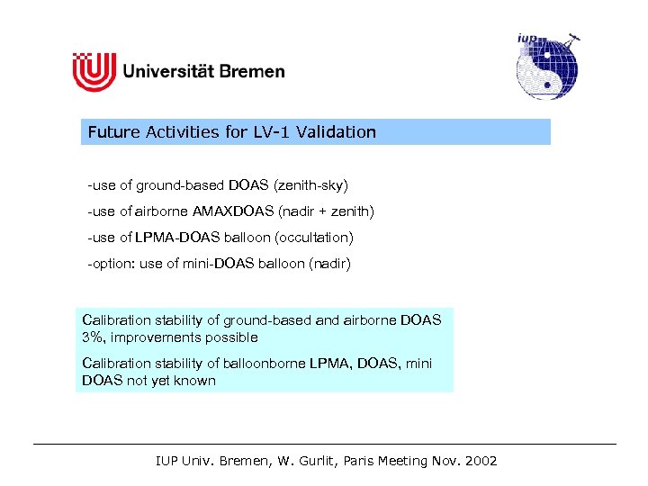 Future Activities for LV-1 Validation -use of ground-based DOAS (zenith-sky) -use of airborne AMAXDOAS