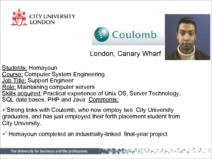 London, Canary Wharf Students: Homayoun Course: Computer System Engineering Job Title: Support Engineer Role: