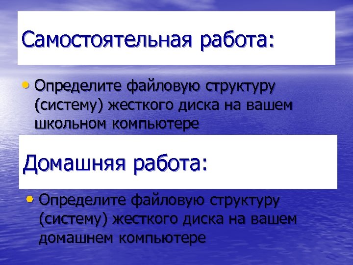 Самостоятельная работа: • Определите файловую структуру (систему) жесткого диска на вашем школьном компьютере Домашняя
