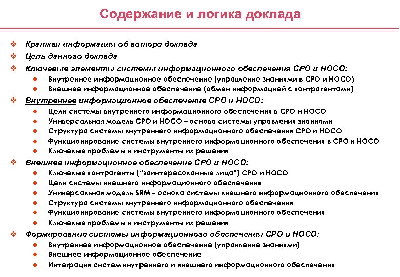 Содержание и логика доклада v Краткая информация об авторе доклада v Цель данного доклада