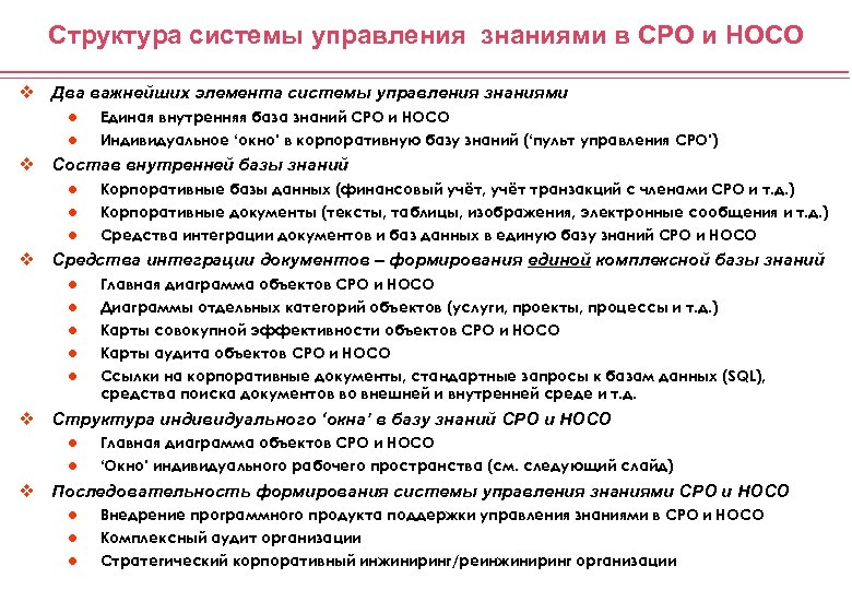 Структура системы управления знаниями в СРО и НОСО v Два важнейших элемента системы управления