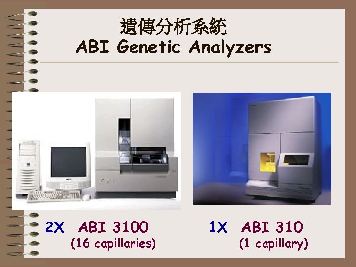 遺傳分析系統 ABI Genetic Analyzers 2 X ABI 3100 (16 capillaries) 1 X ABI 310