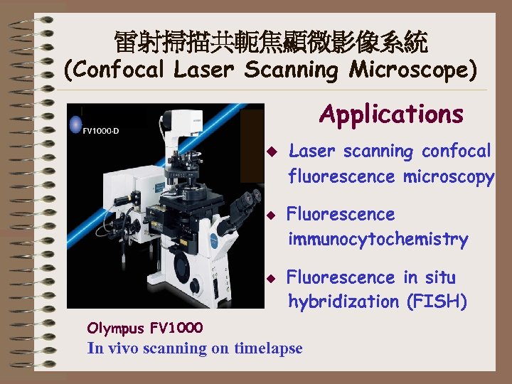 雷射掃描共軛焦顯微影像系統 (Confocal Laser Scanning Microscope) Applications u u u Laser scanning confocal fluorescence microscopy