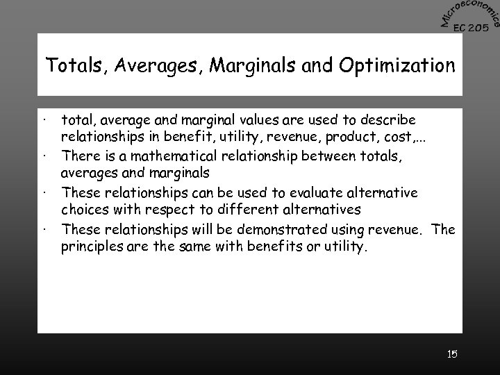 Totals, Averages, Marginals and Optimization · · total, average and marginal values are used