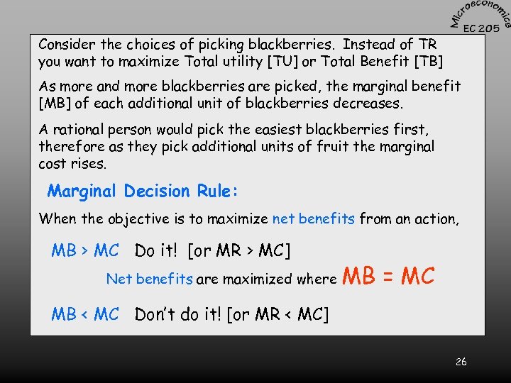 Consider the choices of picking blackberries. Instead of TR you want to maximize Total