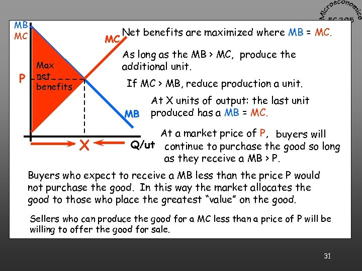 MB MC P MC Net benefits are maximized where MB = MC. As long