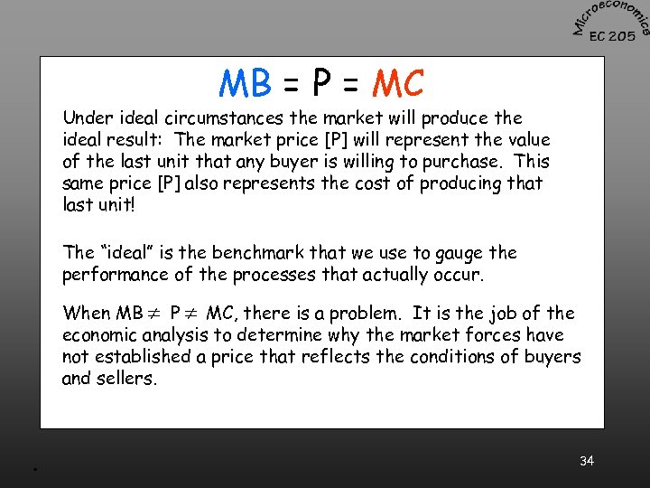 MB = P = MC Under ideal circumstances the market will produce the ideal