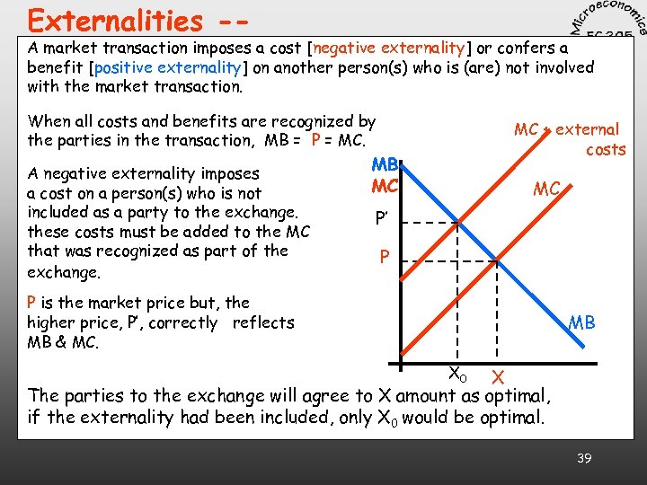 Externalities -- A market transaction imposes a cost [negative externality] or confers a benefit