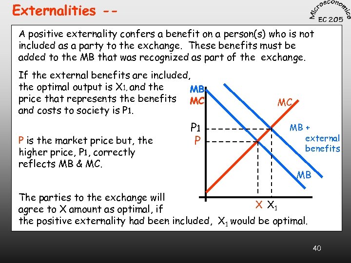 Externalities -A positive externality confers a benefit on a person(s) who is not included