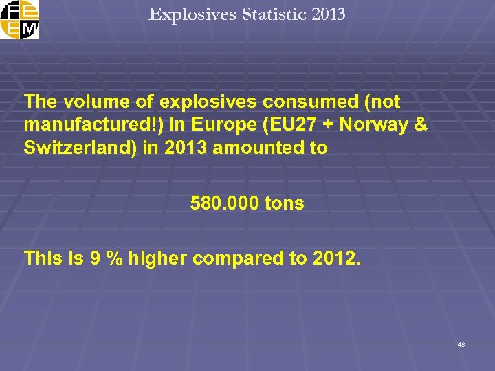 Explosives Statistic 2013 The volume of explosives consumed (not manufactured!) in Europe (EU 27
