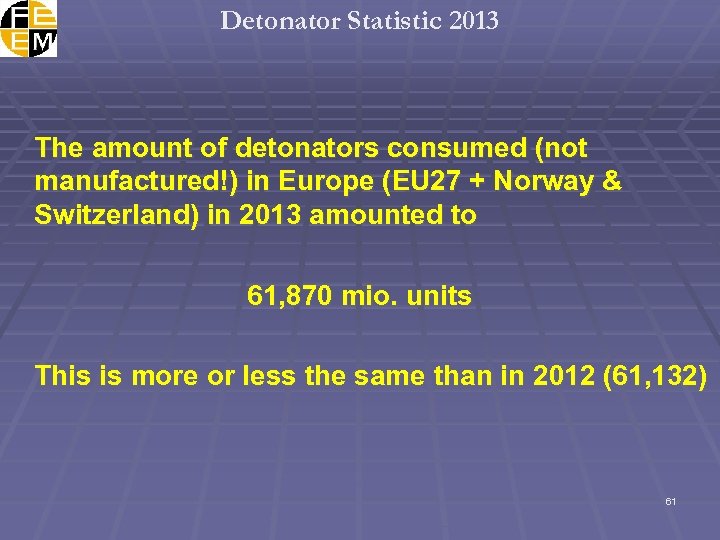 Detonator Statistic 2013 The amount of detonators consumed (not manufactured!) in Europe (EU 27