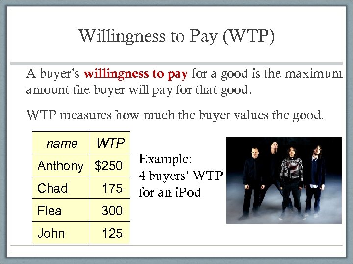 Willingness to Pay (WTP) A buyer’s willingness to pay for a good is the