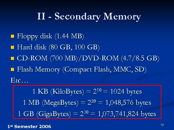 II - Secondary Memory Floppy disk (1. 44 MB) n Hard disk (80 GB,