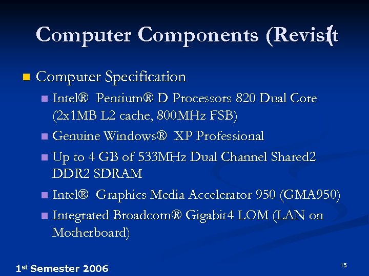 Computer Components (Revisit ( n Computer Specification Intel® Pentium® D Processors 820 Dual Core