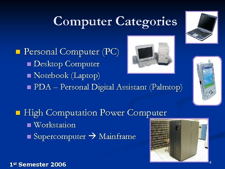Computer Categories n Personal Computer (PC) Desktop Computer n Notebook (Laptop) n PDA –