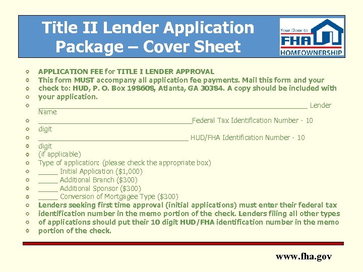 Title II Lender Application Package – Cover Sheet APPLICATION FEE for TITLE I LENDER