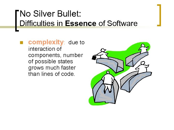 No Silver Bullet: Difficulties in Essence of Software n complexity: due to interaction of
