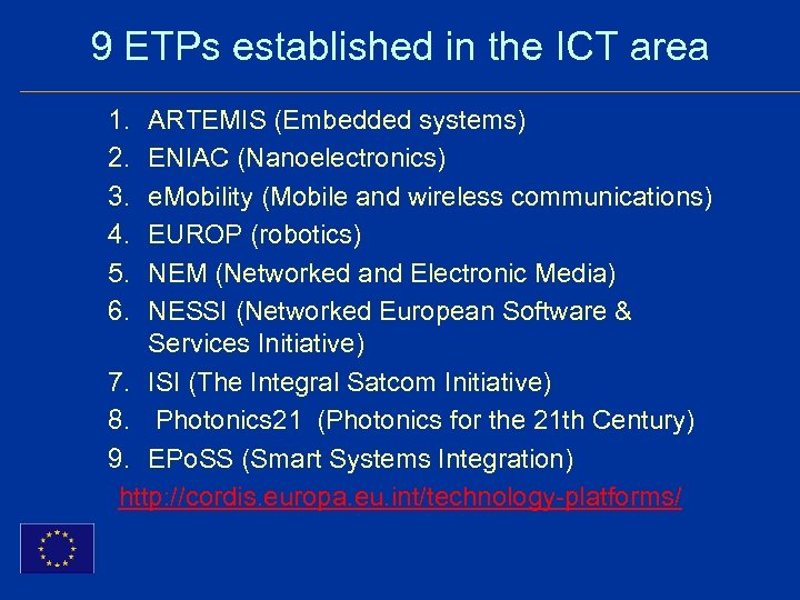 9 ETPs established in the ICT area 1. 2. 3. 4. 5. 6. ARTEMIS