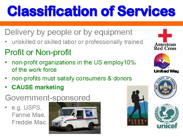 Classification of Services Delivery by people or by equipment • unskilled or skilled labor