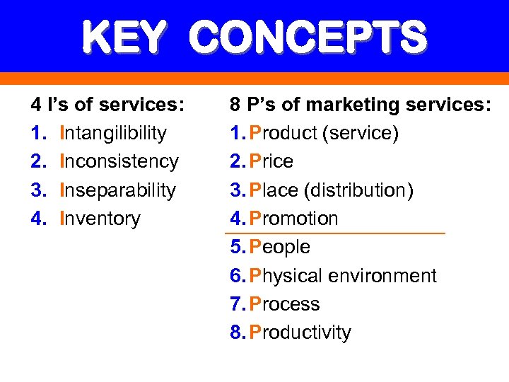 KEY CONCEPTS 4 I’s of services: 1. Intangilibility 2. Inconsistency 3. Inseparability 4. Inventory