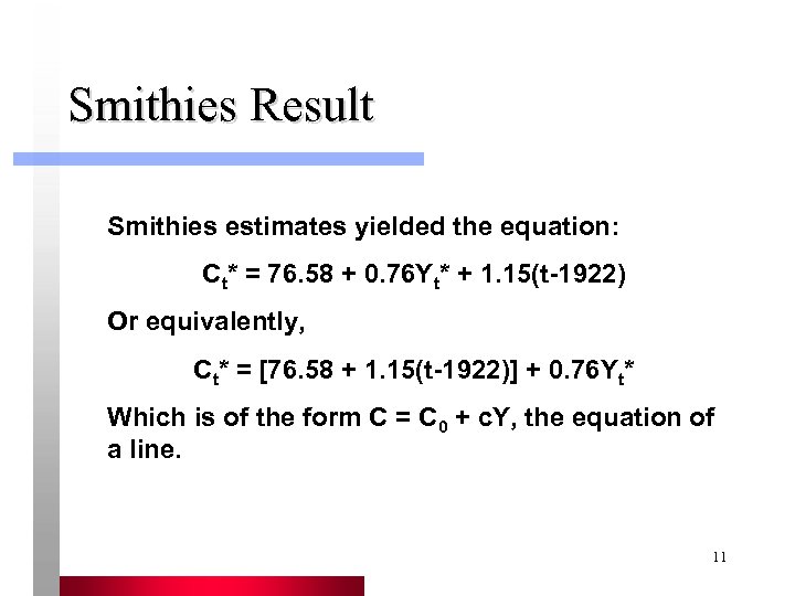 Smithies Result Smithies estimates yielded the equation: Ct* = 76. 58 + 0. 76