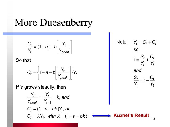 More Duesenberry Note: So that If Y grows steadily, then Kuznet’s Result 18 