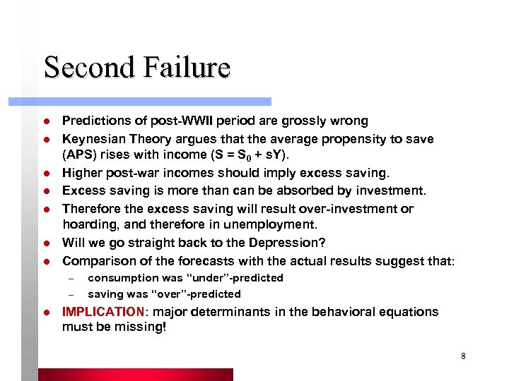 Second Failure l l l l Predictions of post-WWII period are grossly wrong Keynesian