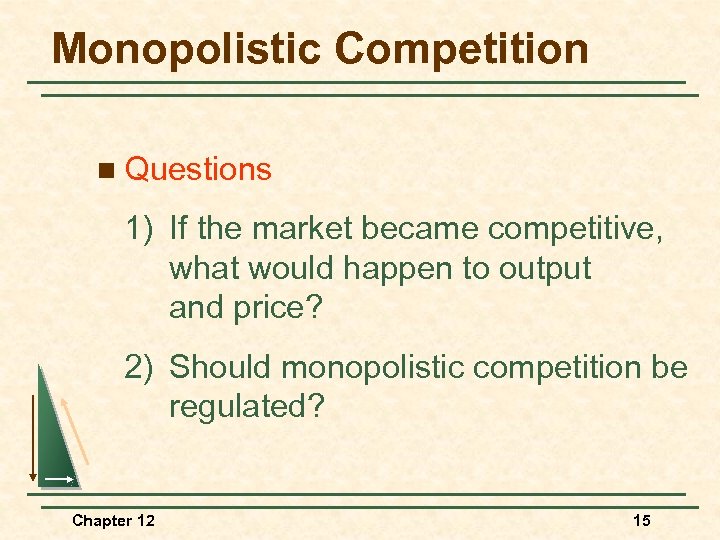 Monopolistic Competition n Questions 1) If the market became competitive, what would happen to