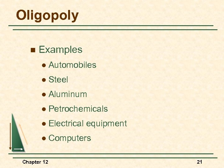 Oligopoly n Examples l Automobiles l Steel l Aluminum l Petrochemicals l Electrical equipment