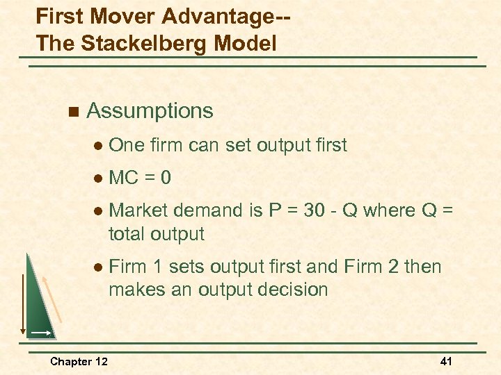 First Mover Advantage-The Stackelberg Model n Assumptions l One firm can set output first