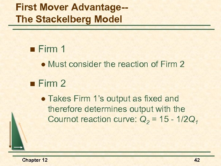 First Mover Advantage-The Stackelberg Model n Firm 1 l n Must consider the reaction