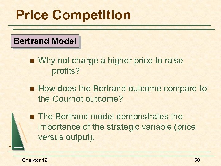 Price Competition Bertrand Model n Why not charge a higher price to raise profits?