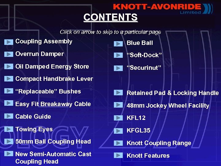 CONTENTS Click on arrow to skip to a particular page Coupling Assembly Blue Ball