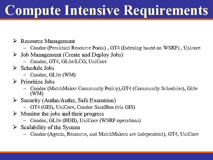 Compute Intensive Requirements Ø Resource Management – Condor (Persistant Resource Pools) , GT 4