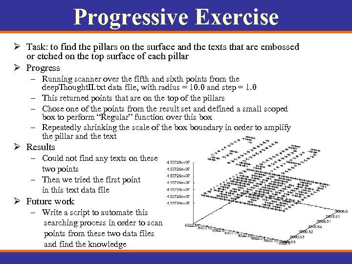 Progressive Exercise Ø Task: to find the pillars on the surface and the texts