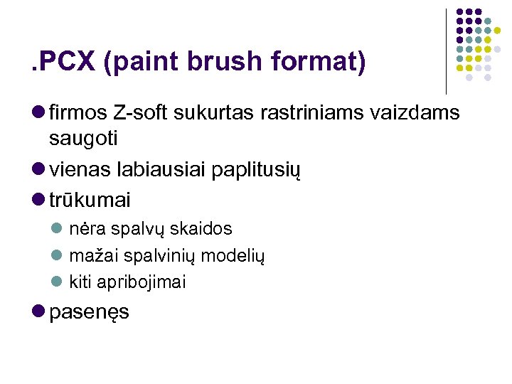 . PCX (paint brush format) firmos Z-soft sukurtas rastriniams vaizdams saugoti vienas labiausiai paplitusių