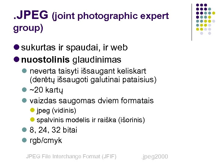 . JPEG (joint photographic expert group) sukurtas ir spaudai, ir web nuostolinis glaudinimas neverta