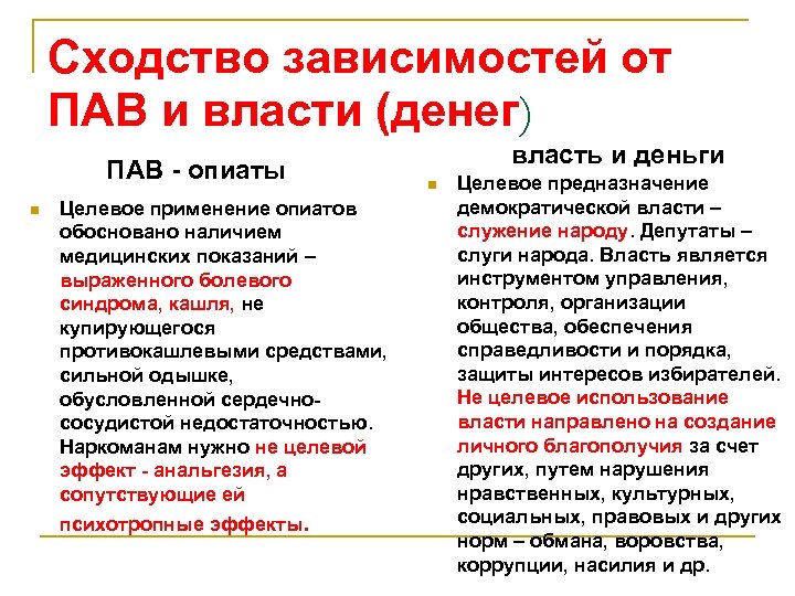 Сходство зависимостей от ПАВ и власти (денег) ПАВ - опиаты n Целевое применение опиатов