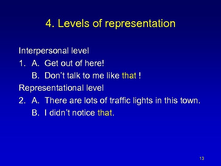 4. Levels of representation Interpersonal level 1. A. Get out of here! B. Don’t