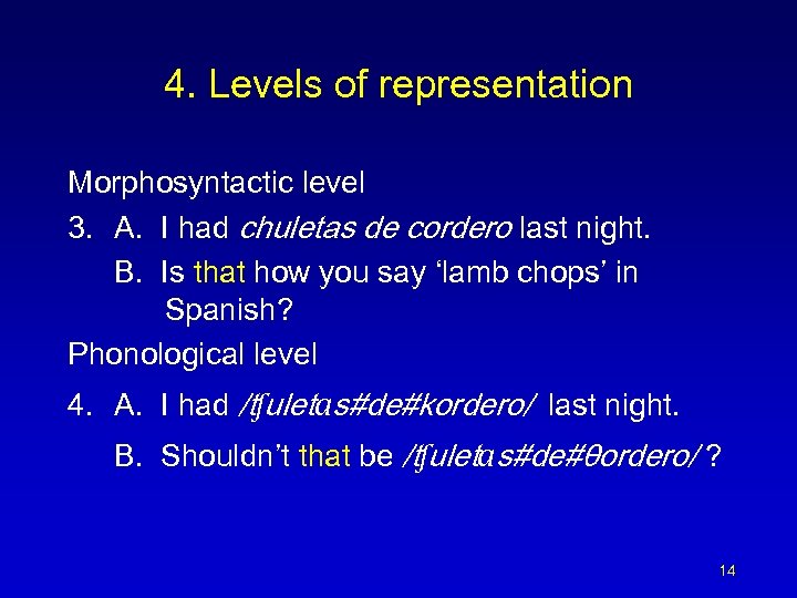 4. Levels of representation Morphosyntactic level 3. A. I had chuletas de cordero last